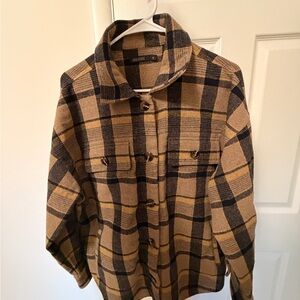 Mikarose Camel and Black Plaid Button-Up Shacket